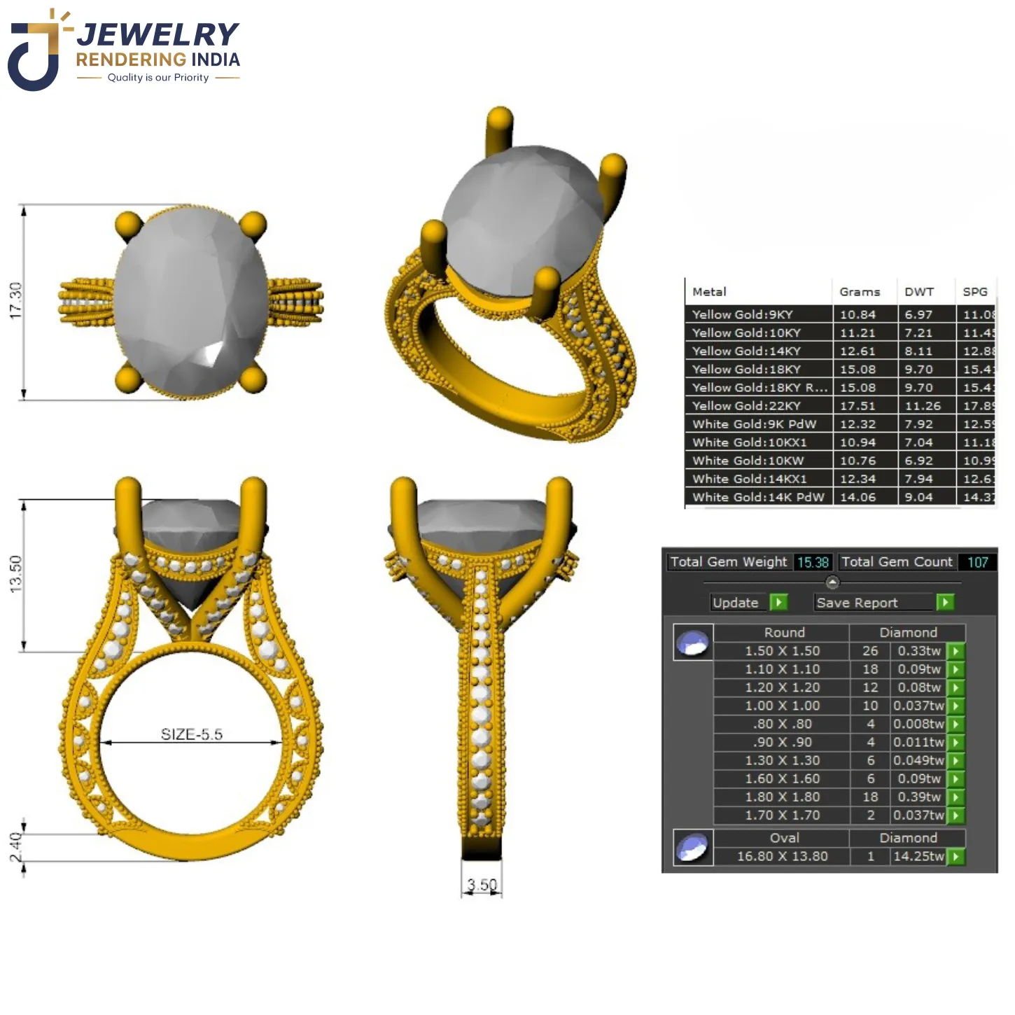 Production-ready jewelry CAD model with precise stone seating and wireframe dimensions prepared for casting