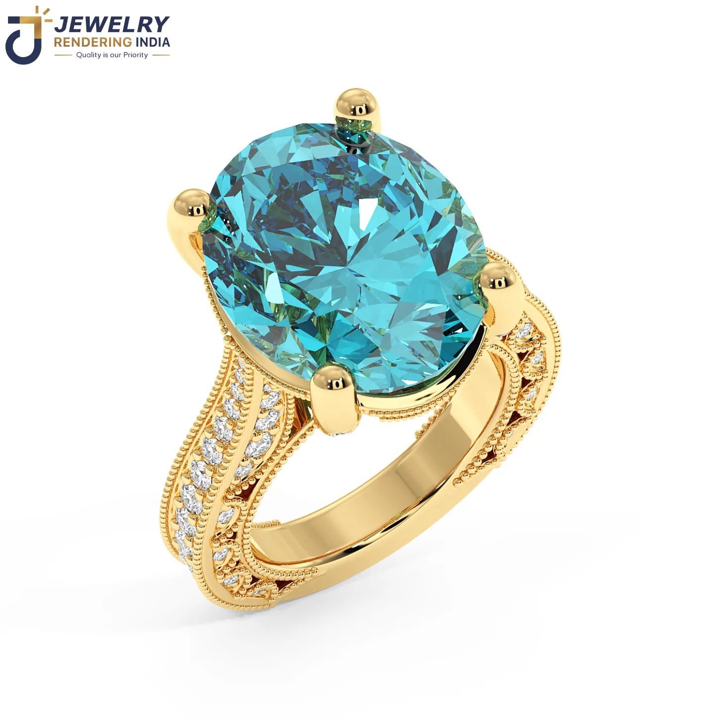 Close master view of a rendered diamond engagement ring showing facet detail and gold metal reflection