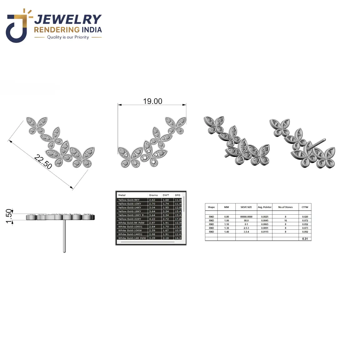 Butterfly cluster diamond ear climber earrings 3D CAD file specifications and stone setting layout