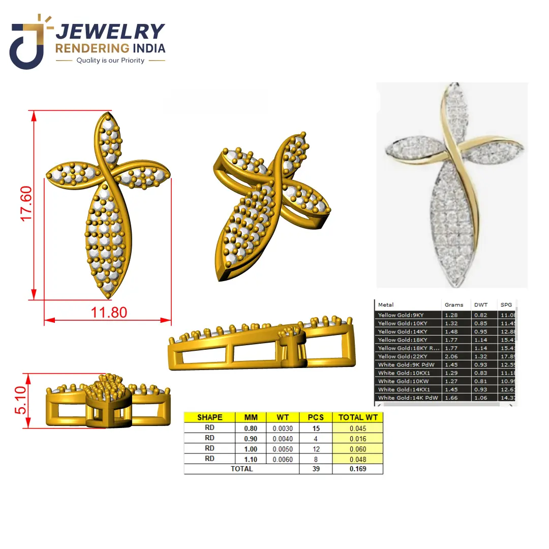 Curved bypass diamond cross pendant 3D CAD model with casting weight report and reference photo comparison