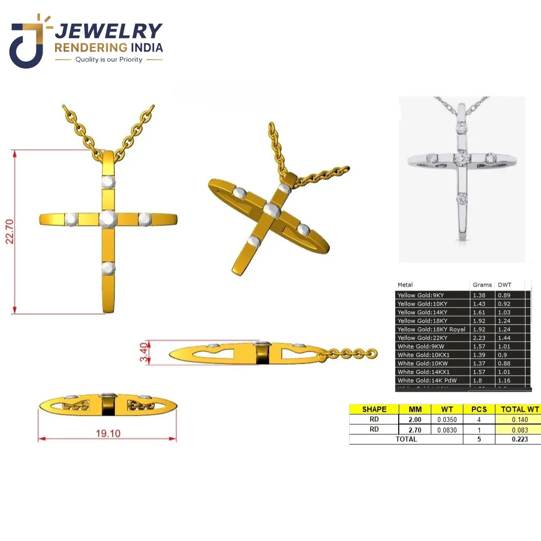 Classic five-stone diamond cross pendant necklace 3D CAD design with precise prong seats and bail dimensions
