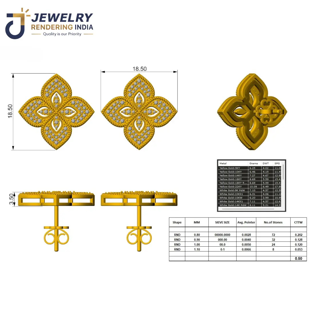 Four-petal floral clover diamond stud earrings 3D CAD technical layout with prong measurements and sieve specs