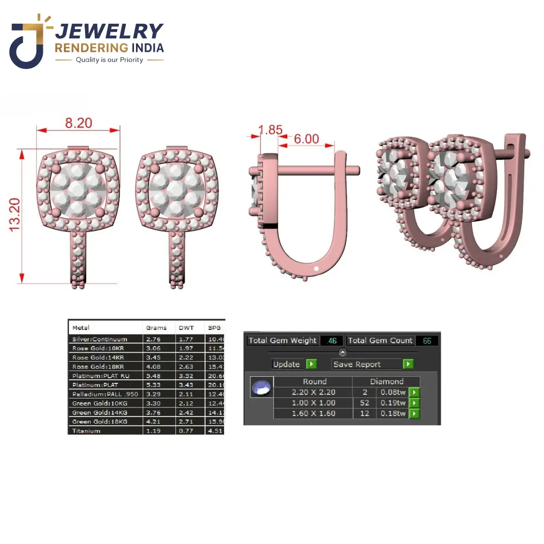 Rose gold cushion halo diamond huggie earrings CAD design with millimeter dimensions and hinge mechanism