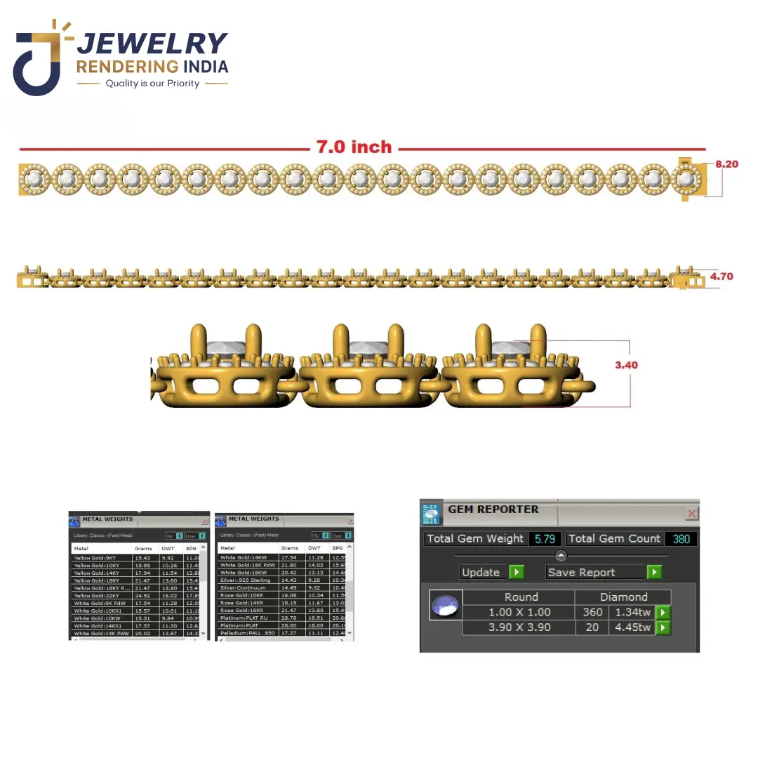 Technical 3D CAD design drawing of a 7.0-inch diamond tennis bracelet with metal weights and gem reporter table