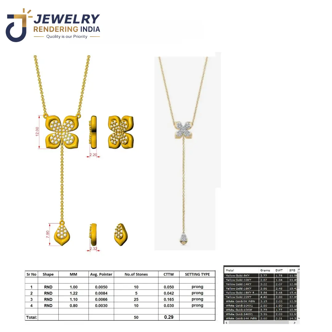 Floral drop lariat diamond necklace pendant 3D CAD drawing with prong setting matrix and millimeter dimensions