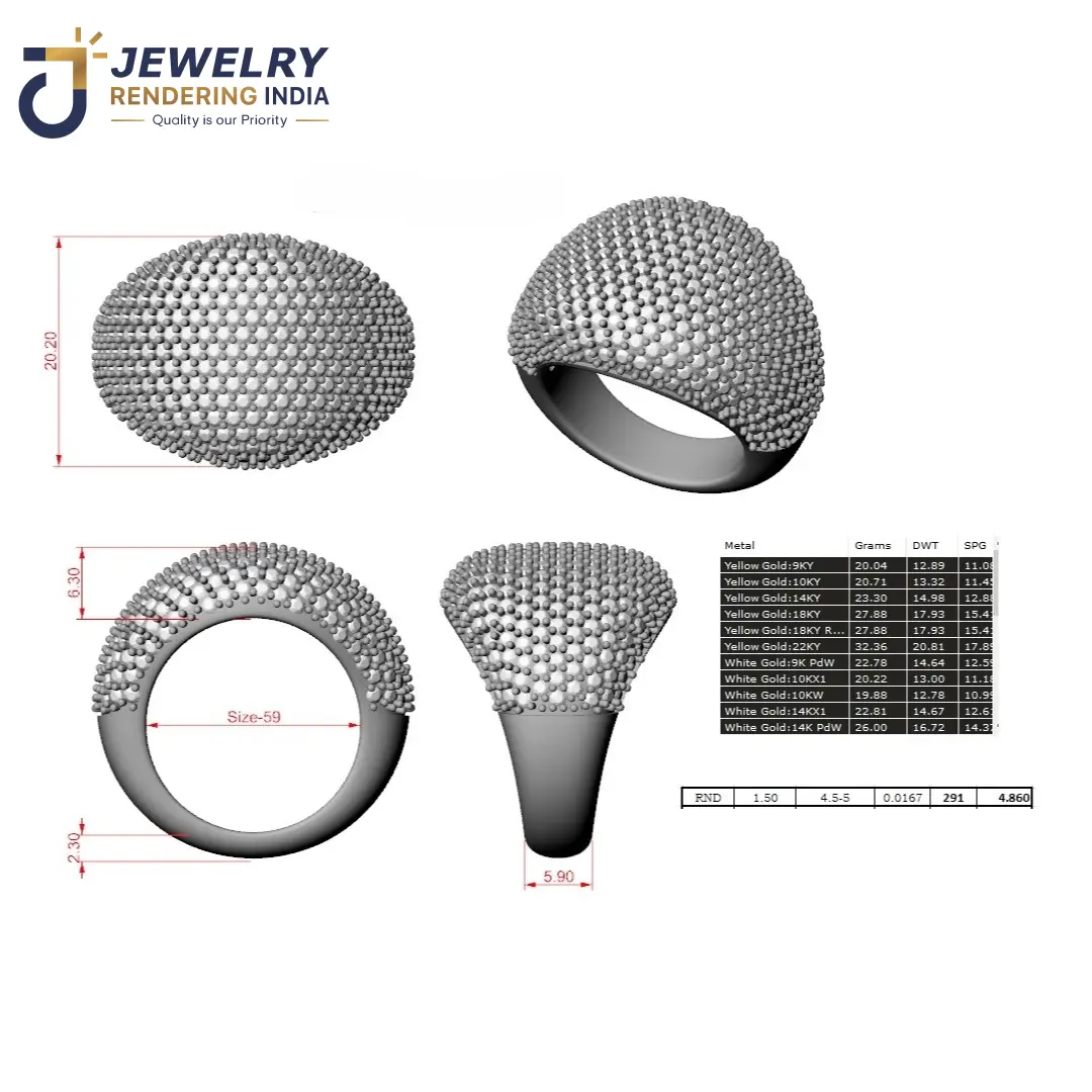 High-jewelry dome pavé bombé statement ring 3D CAD model with 291 micro-pavé diamonds and casting weight report