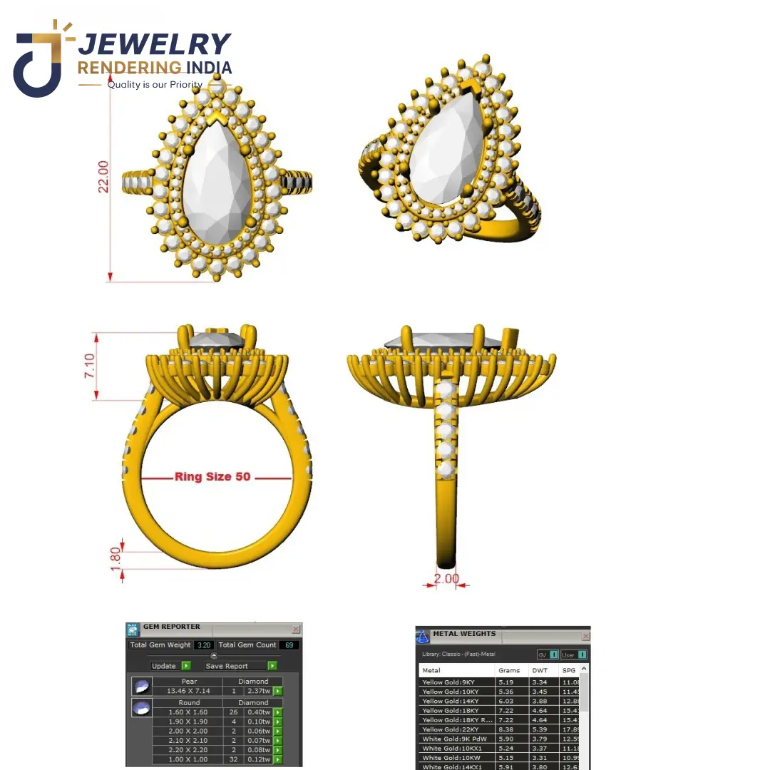 Print-ready 3D CAD model of a pear-cut double halo diamond cocktail ring with technical dimensions and stone setting count