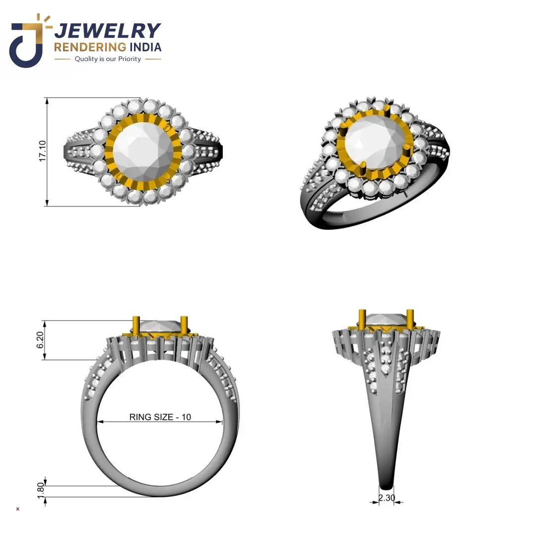 Technical jewelry CAD design of a round halo solitaire diamond engagement ring with split shank pavé and dimensions