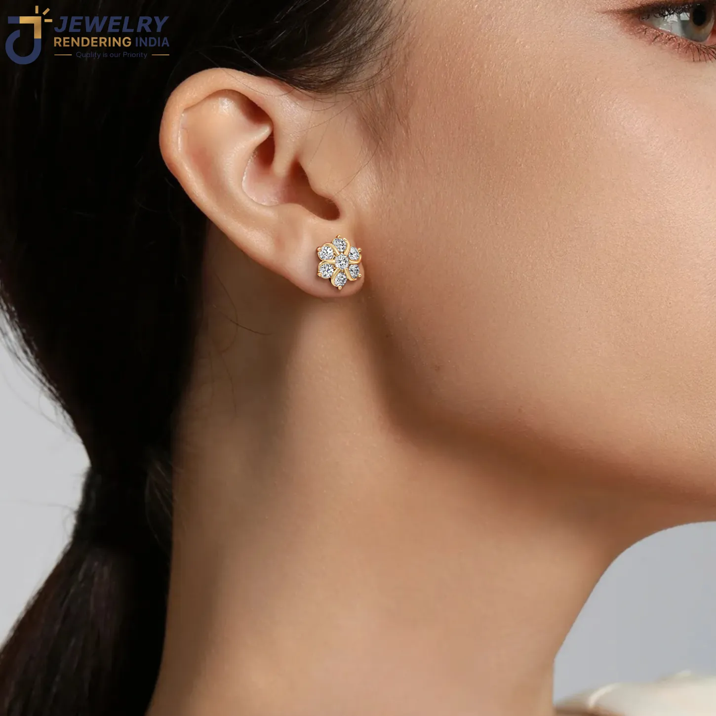Lifestyle on-ear model view of earrings in yellow gold, 3D rendered by Jewelry Rendering India