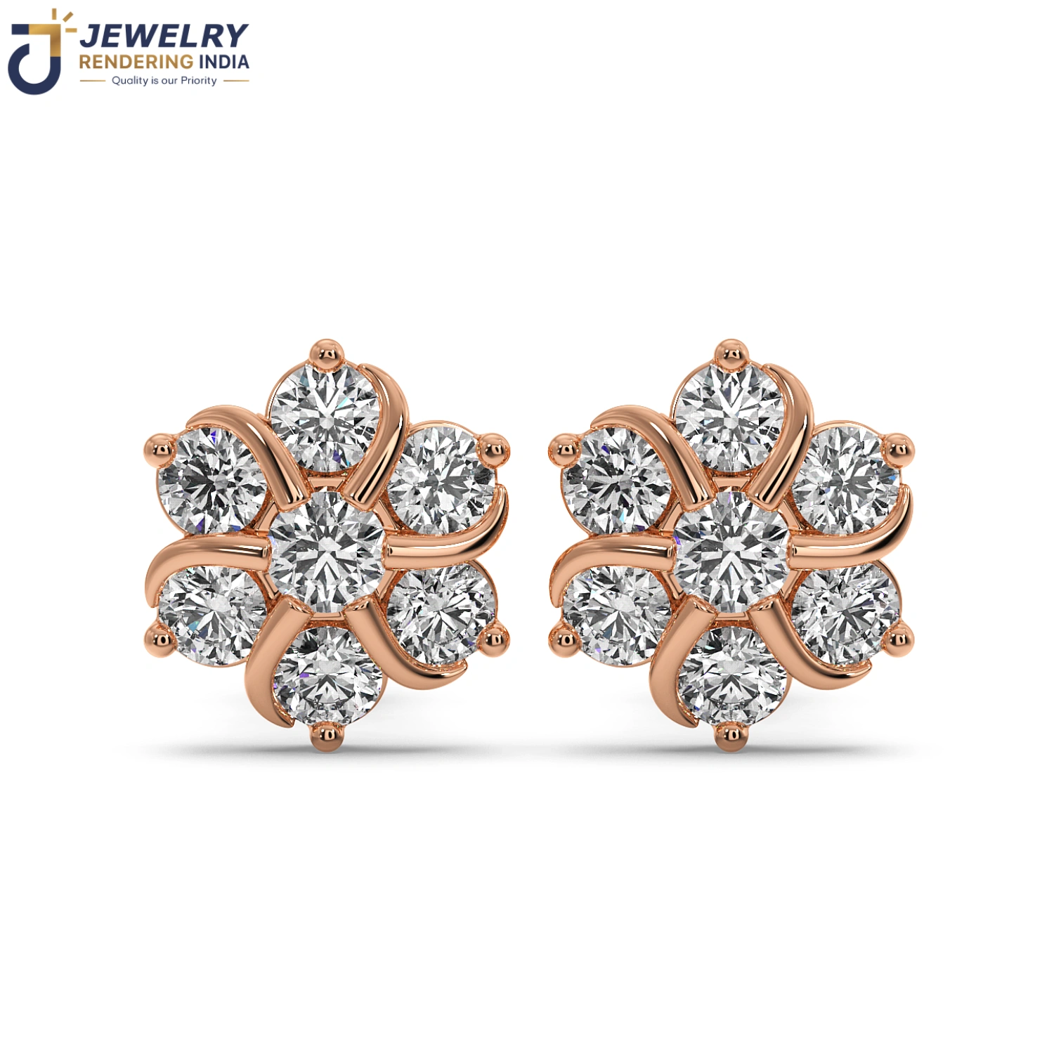 Front view of earrings in rose gold, 3D rendered by Jewelry Rendering India