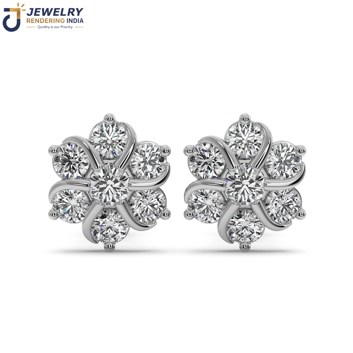 Front view of earrings in white gold, 3D rendered by Jewelry Rendering India