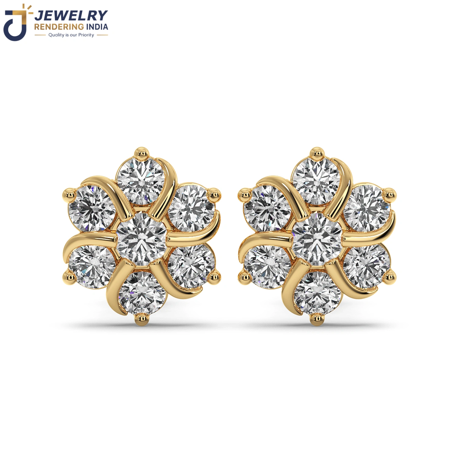 Front view of earrings in yellow gold, 3D rendered by Jewelry Rendering India