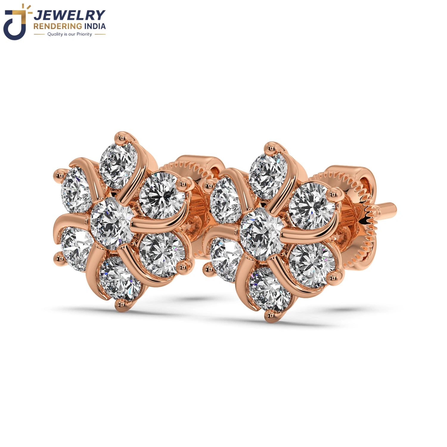 Perspective view of earrings in rose gold, 3D rendered by Jewelry Rendering India