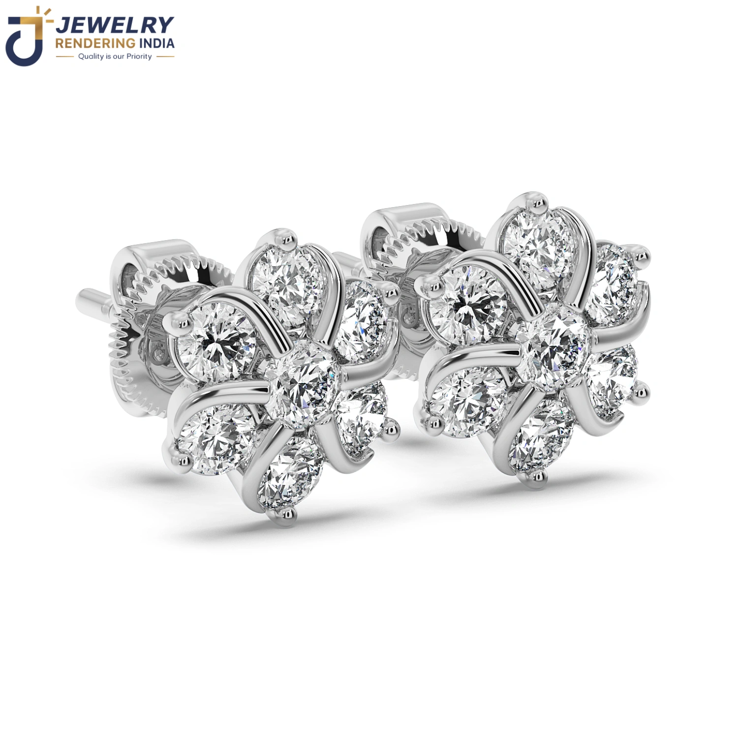 Sleeping perspective of earrings in white gold, 3D rendered by Jewelry Rendering India