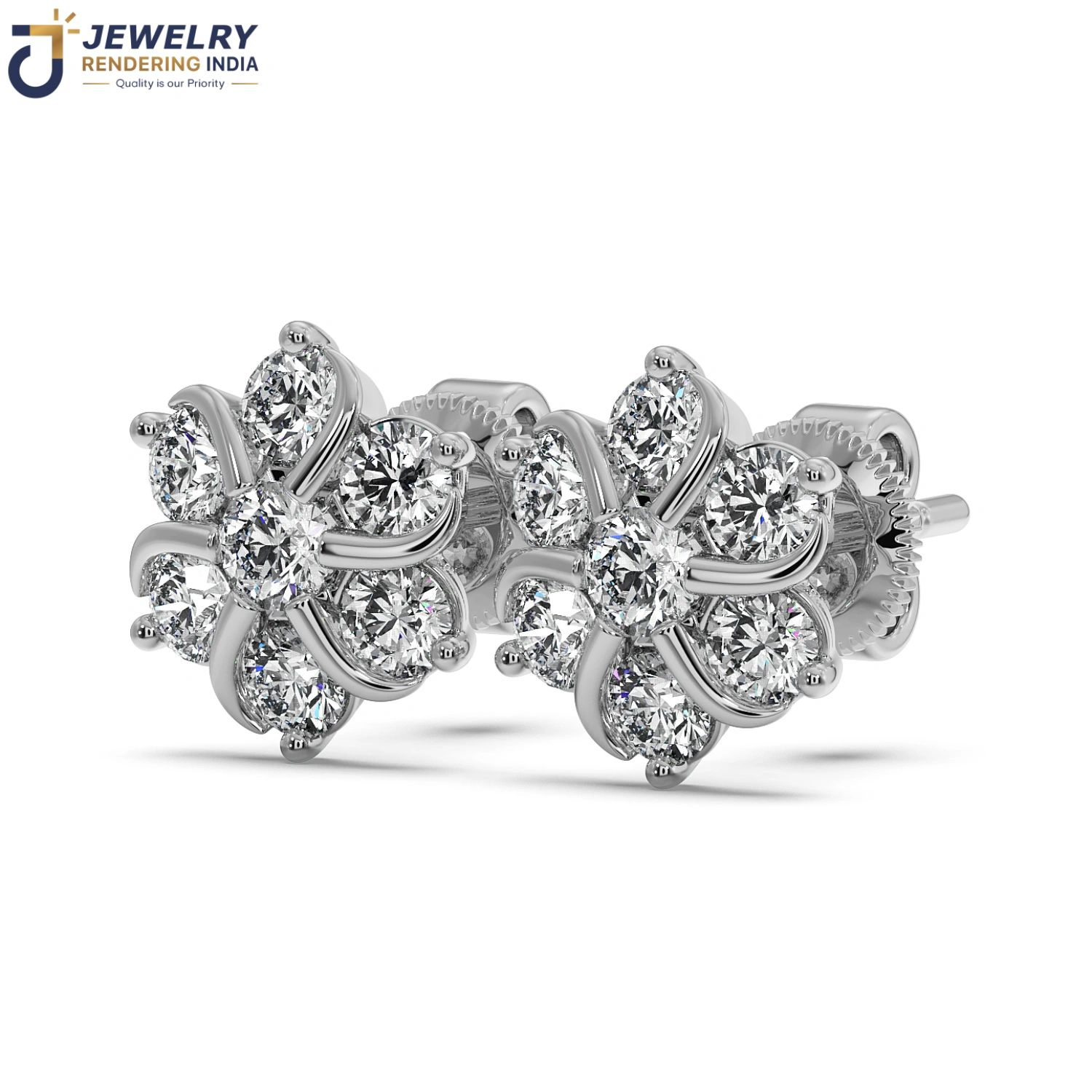 Perspective view of earrings in white gold, 3D rendered by Jewelry Rendering India