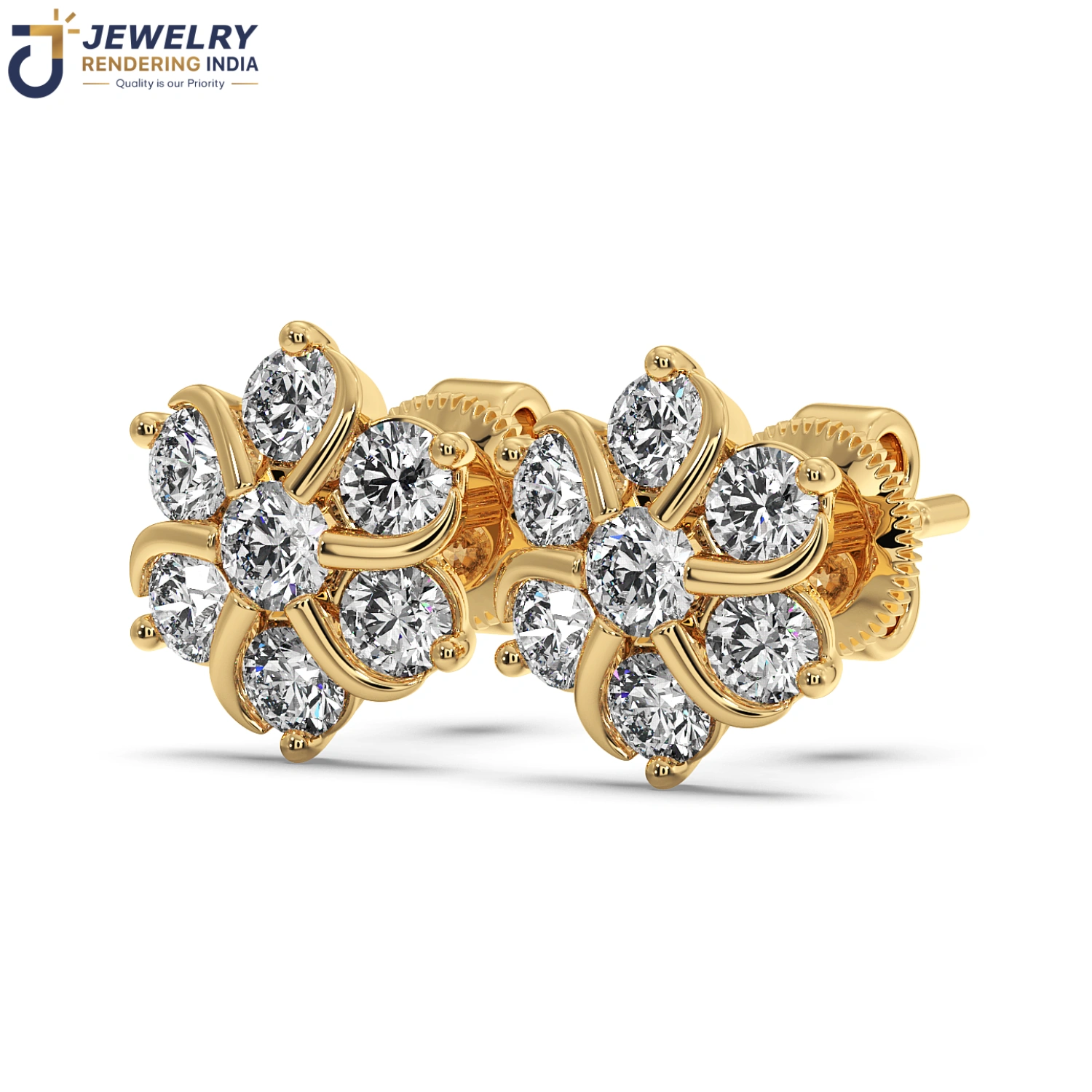 Perspective view of earrings in yellow gold, 3D rendered by Jewelry Rendering India