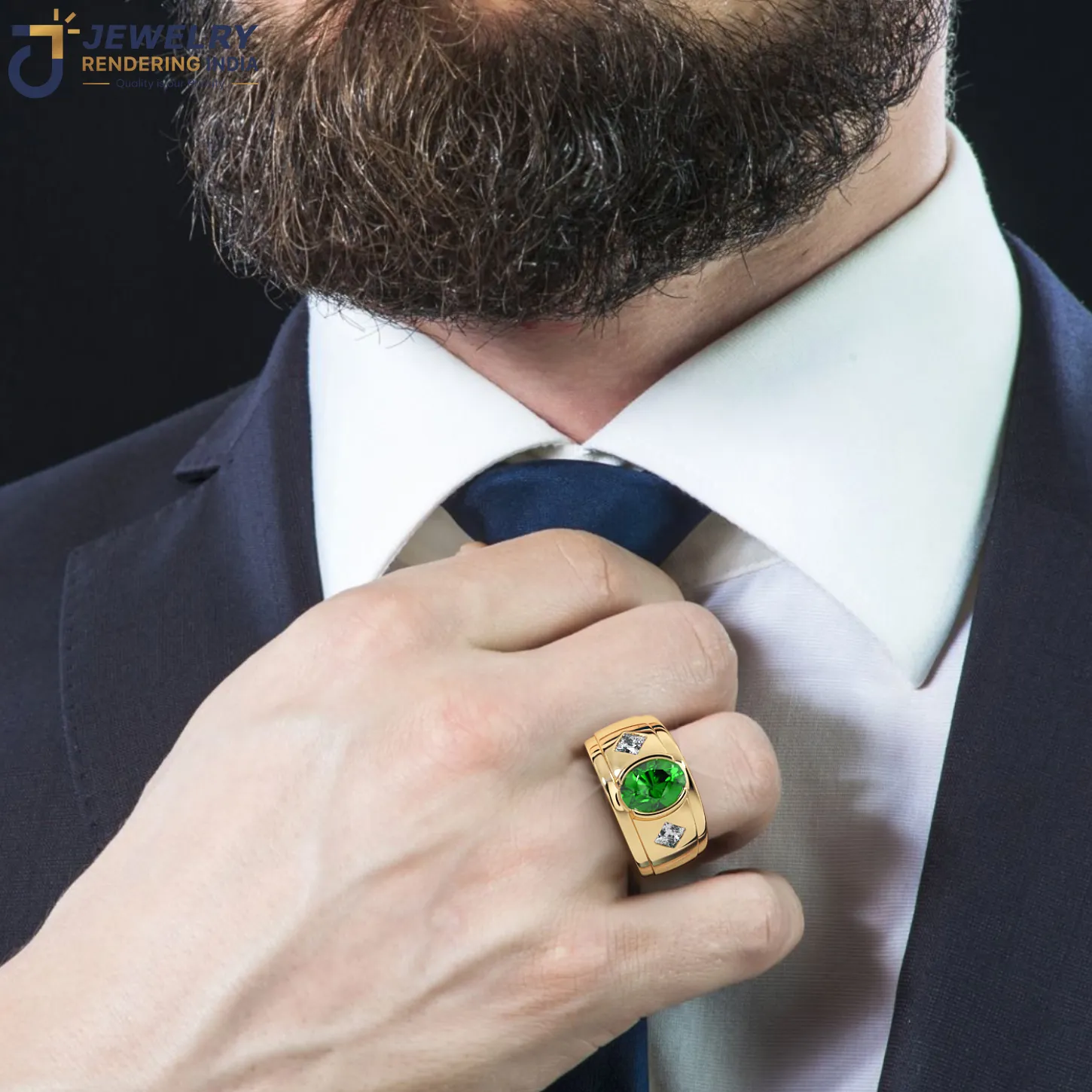 Men's statement ring shown worn on model hand in yellow gold