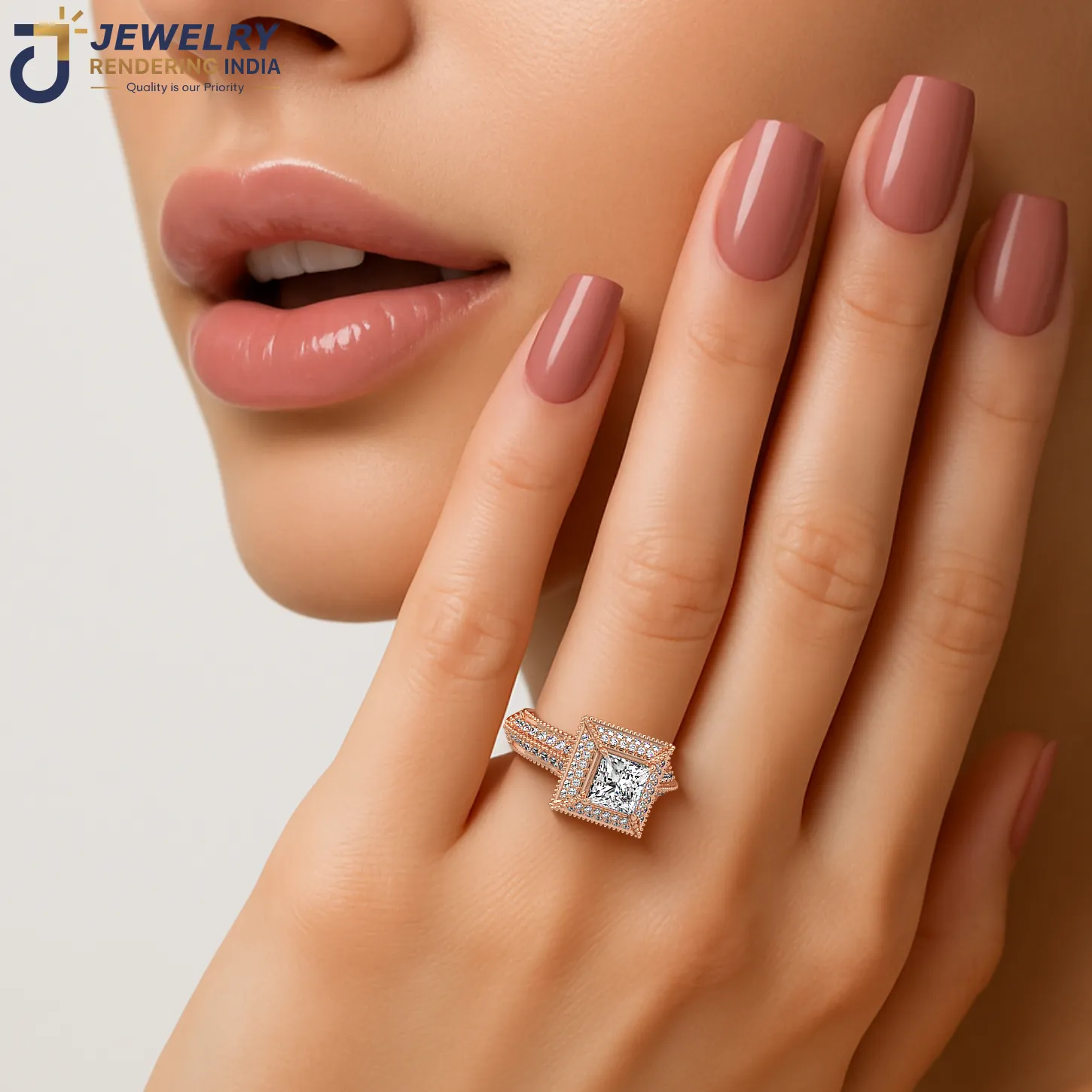 Solitaire diamond engagement ring shown worn on model hand in rose gold