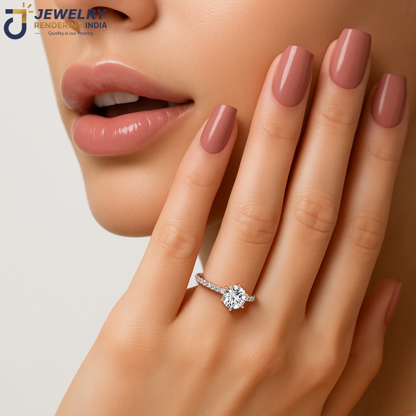 Lifestyle on-hand view of diamond ring in rose gold, 3D rendered by Jewelry Rendering India
