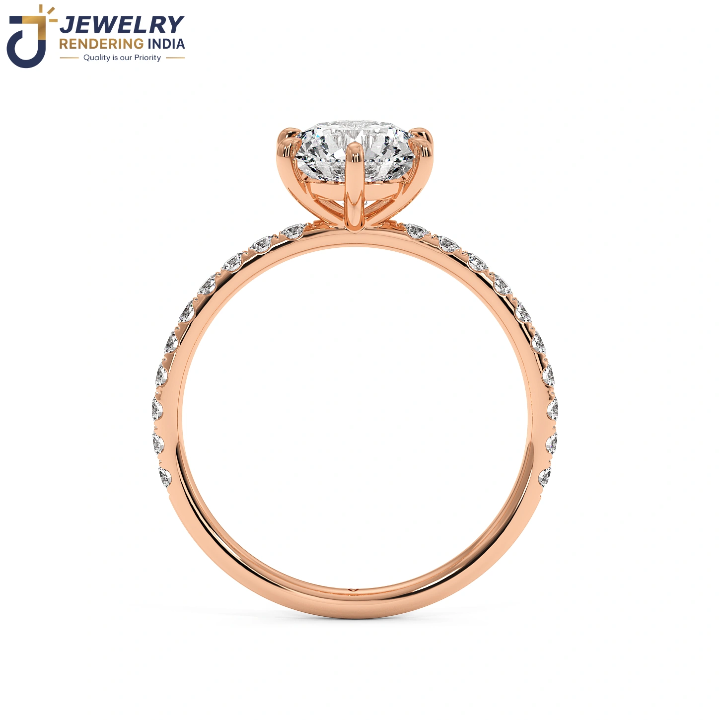 Front view of diamond ring in rose gold, 3D rendered by Jewelry Rendering India