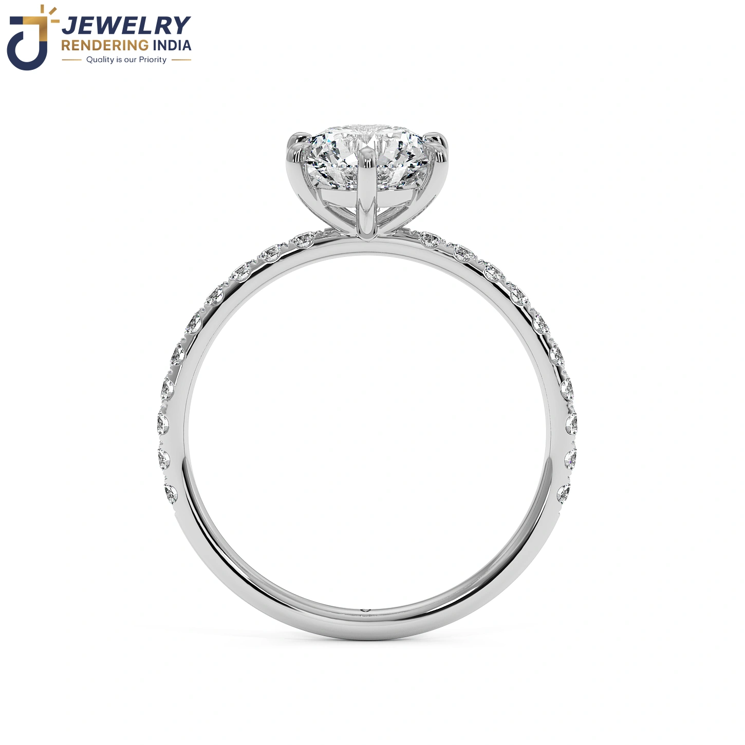 Front view of diamond ring in white gold, 3D rendered by Jewelry Rendering India