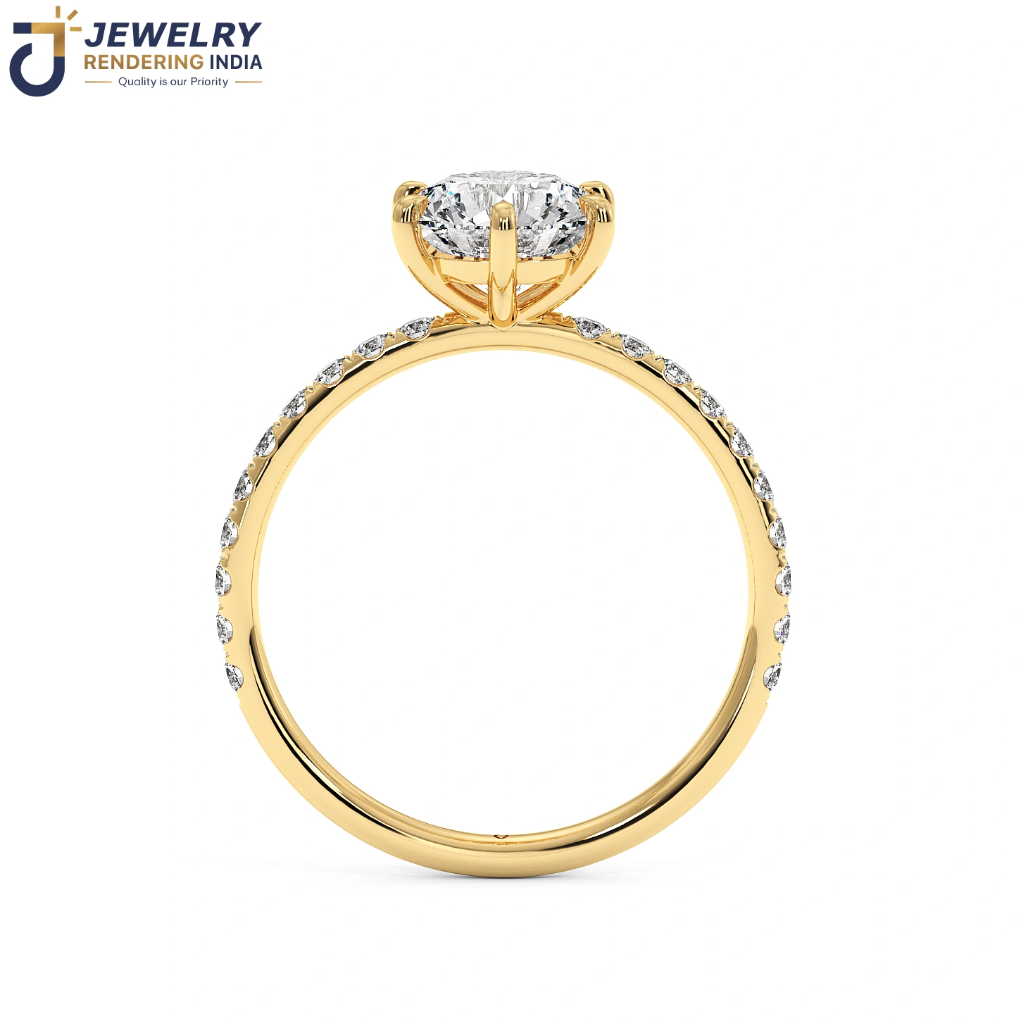 Front view of diamond ring in yellow gold, 3D rendered by Jewelry Rendering India