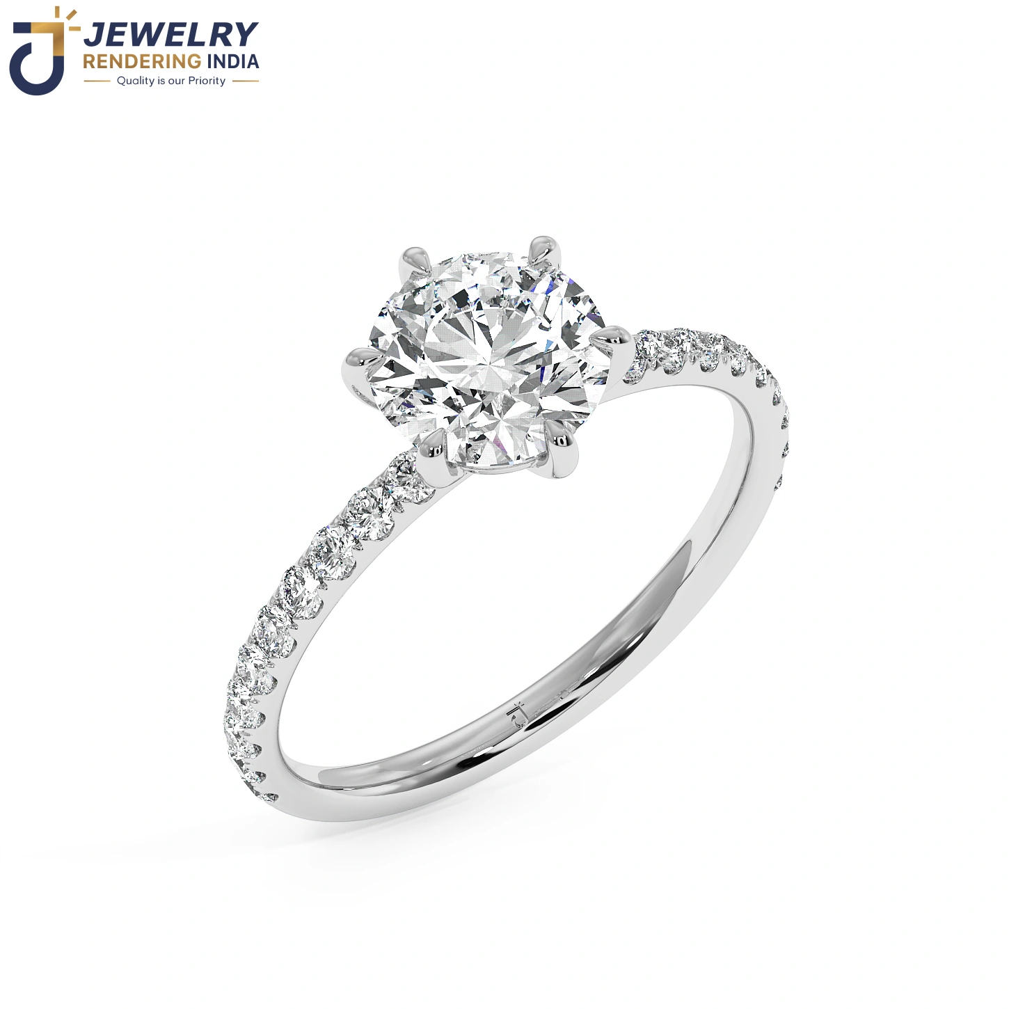 Perspective view of diamond ring in white gold, 3D rendered by Jewelry Rendering India