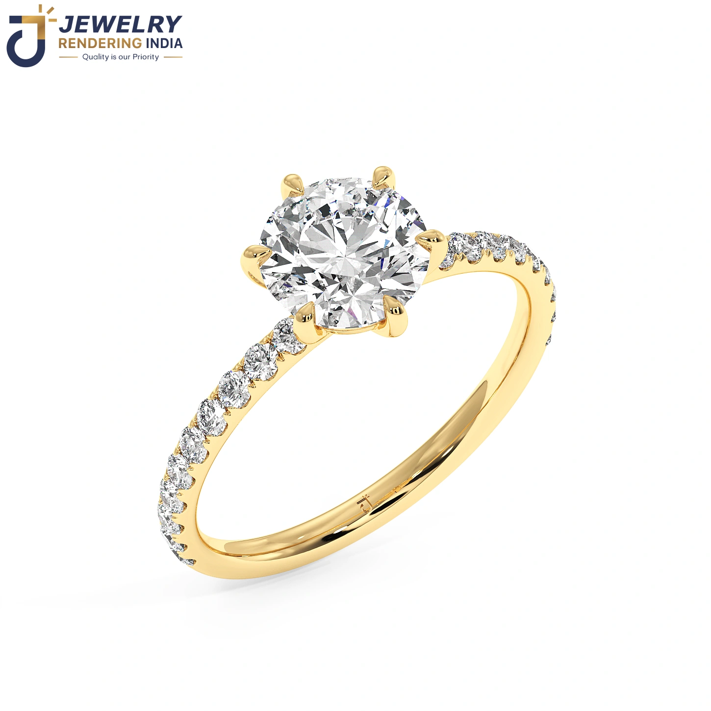 Perspective view of diamond ring in yellow gold, 3D rendered by Jewelry Rendering India